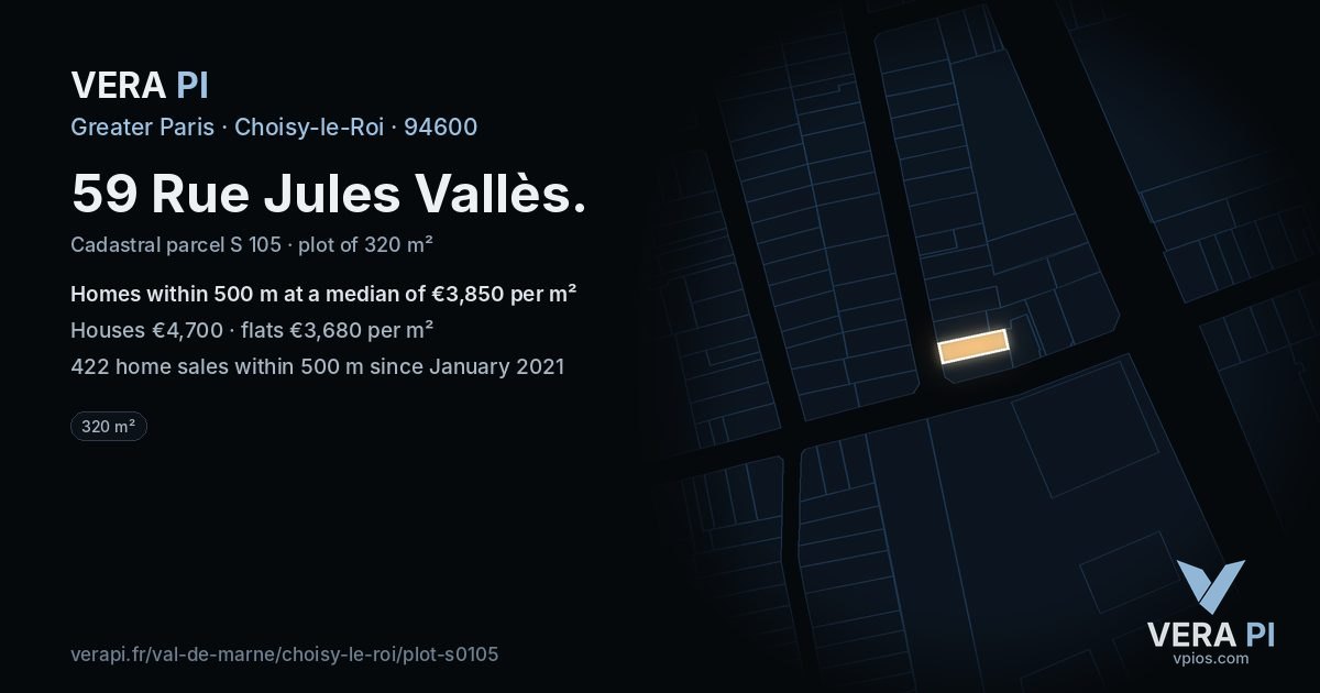 59 Rue Jules Vallès, Choisy-le-Roi at night – the plot lit, the parcels around coloured by the prices near them