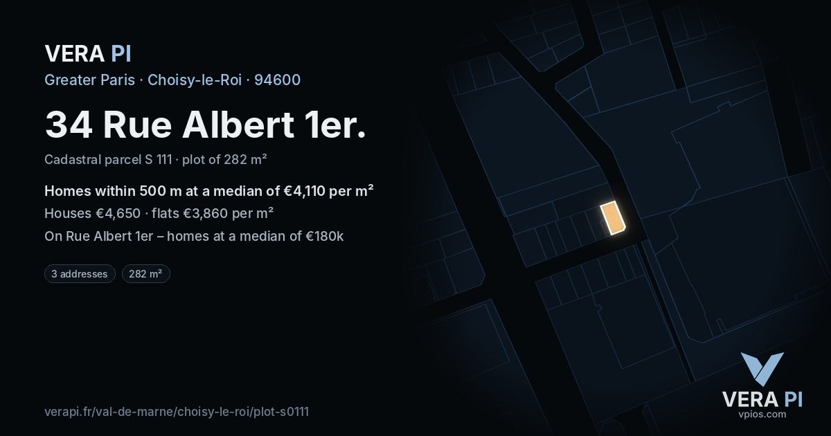34 Rue Albert 1er, Choisy-le-Roi at night – the plot lit, the parcels around coloured by the prices near them