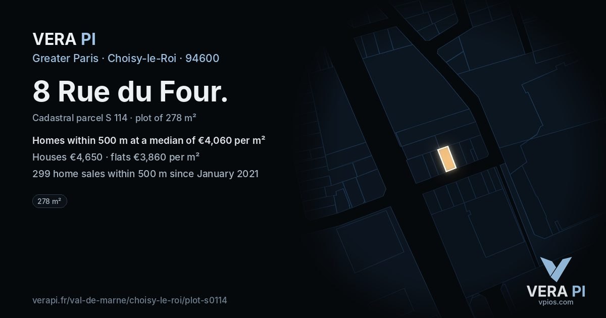 8 Rue du Four, Choisy-le-Roi at night – the plot lit, the parcels around coloured by the prices near them