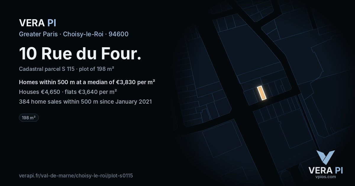 10 Rue du Four, Choisy-le-Roi at night – the plot lit, the parcels around coloured by the prices near them