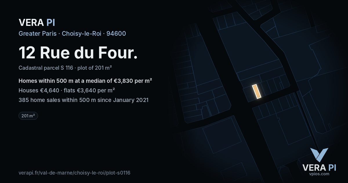 12 Rue du Four, Choisy-le-Roi at night – the plot lit, the parcels around coloured by the prices near them