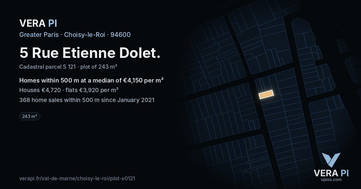 5 Rue Etienne Dolet, Choisy-le-Roi at night – the plot lit, the parcels around coloured by the prices near them