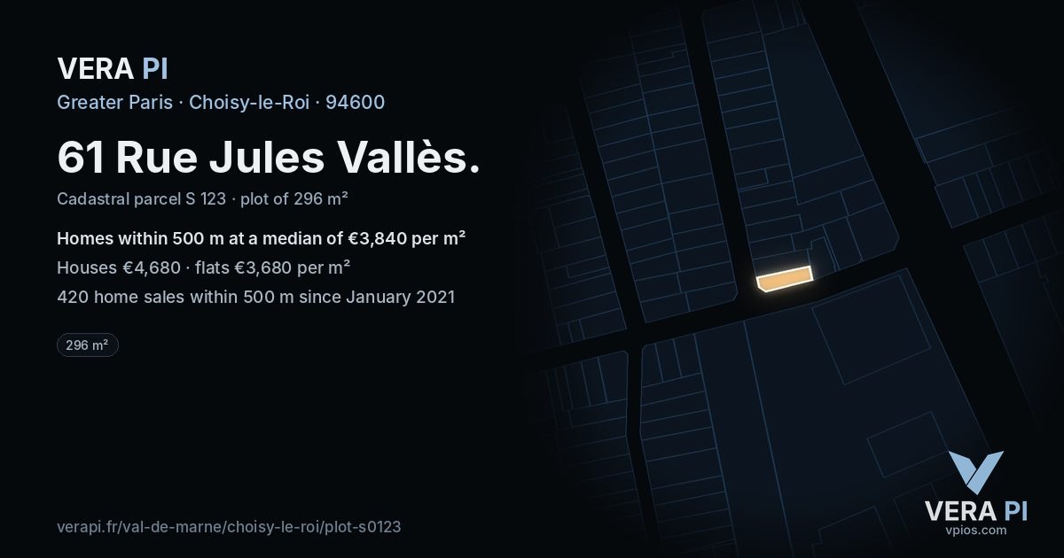 61 Rue Jules Vallès, Choisy-le-Roi at night – the plot lit, the parcels around coloured by the prices near them