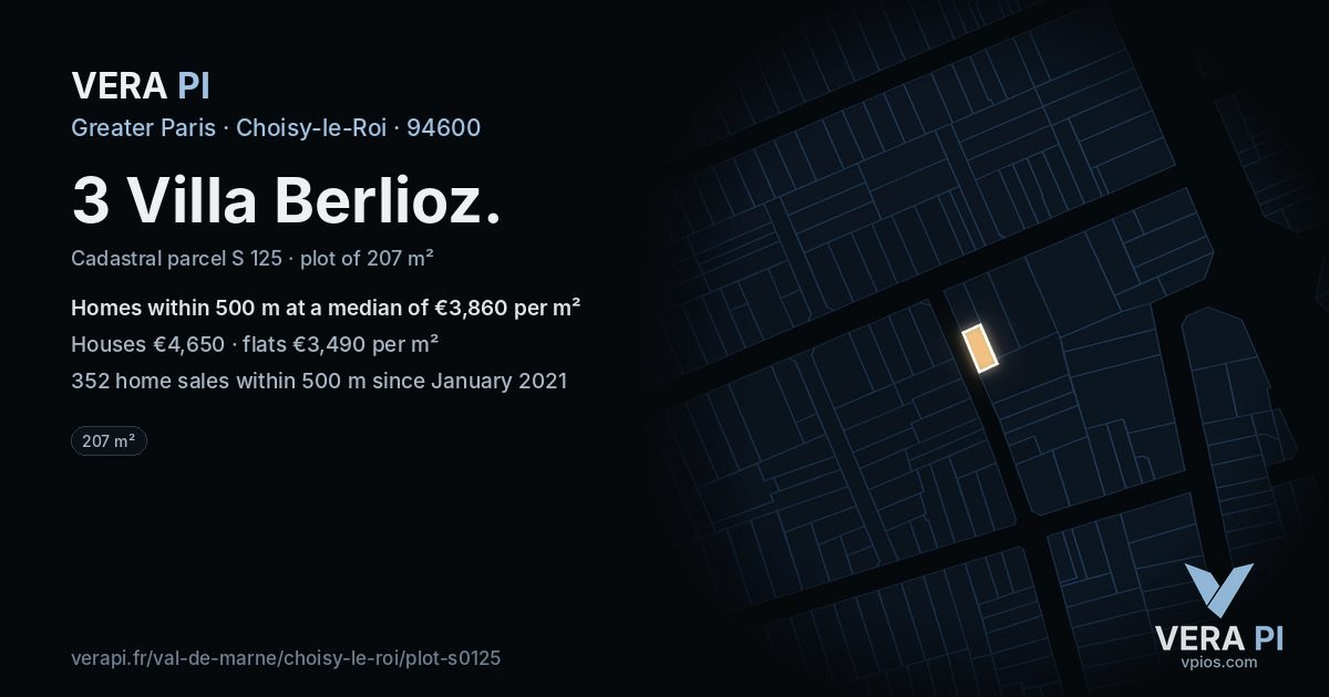 3 Villa Berlioz, Choisy-le-Roi at night – the plot lit, the parcels around coloured by the prices near them
