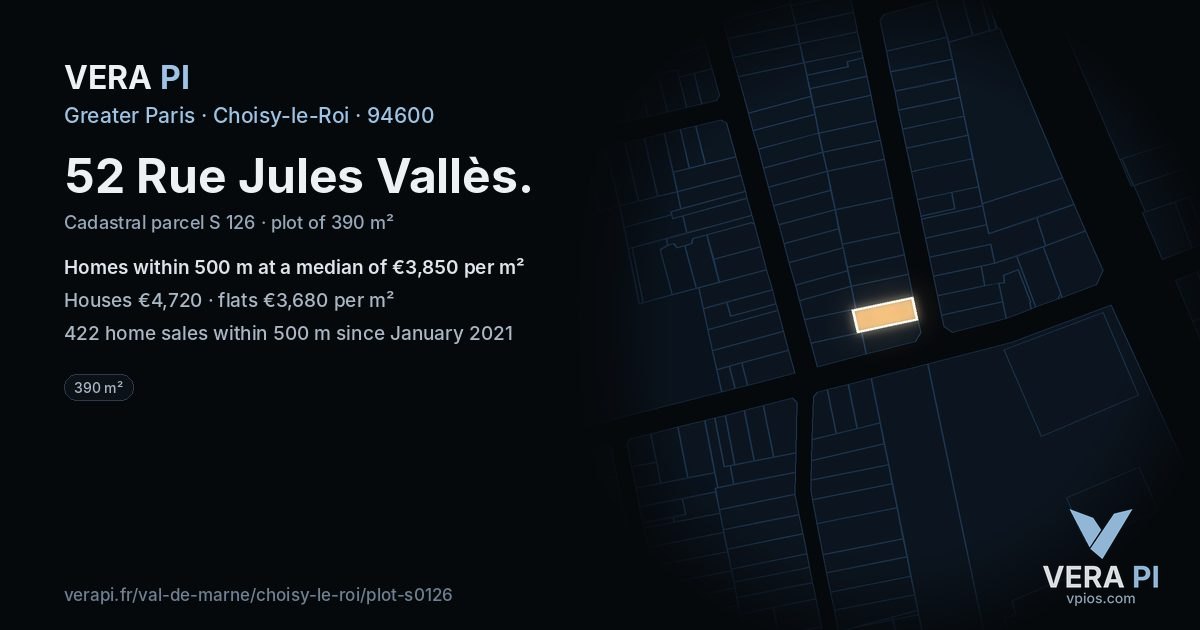 52 Rue Jules Vallès, Choisy-le-Roi at night – the plot lit, the parcels around coloured by the prices near them