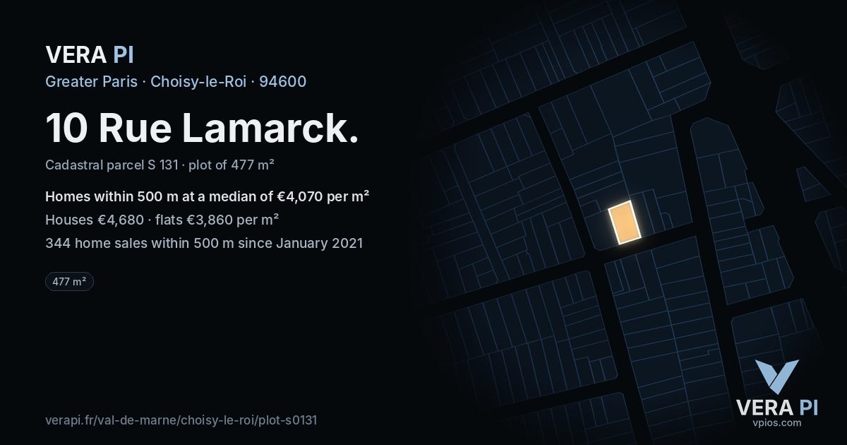 10 Rue Lamarck, Choisy-le-Roi at night – the plot lit, the parcels around coloured by the prices near them