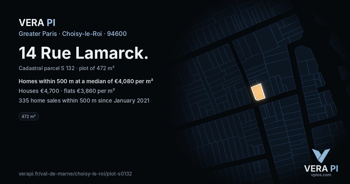 14 Rue Lamarck, Choisy-le-Roi at night – the plot lit, the parcels around coloured by the prices near them