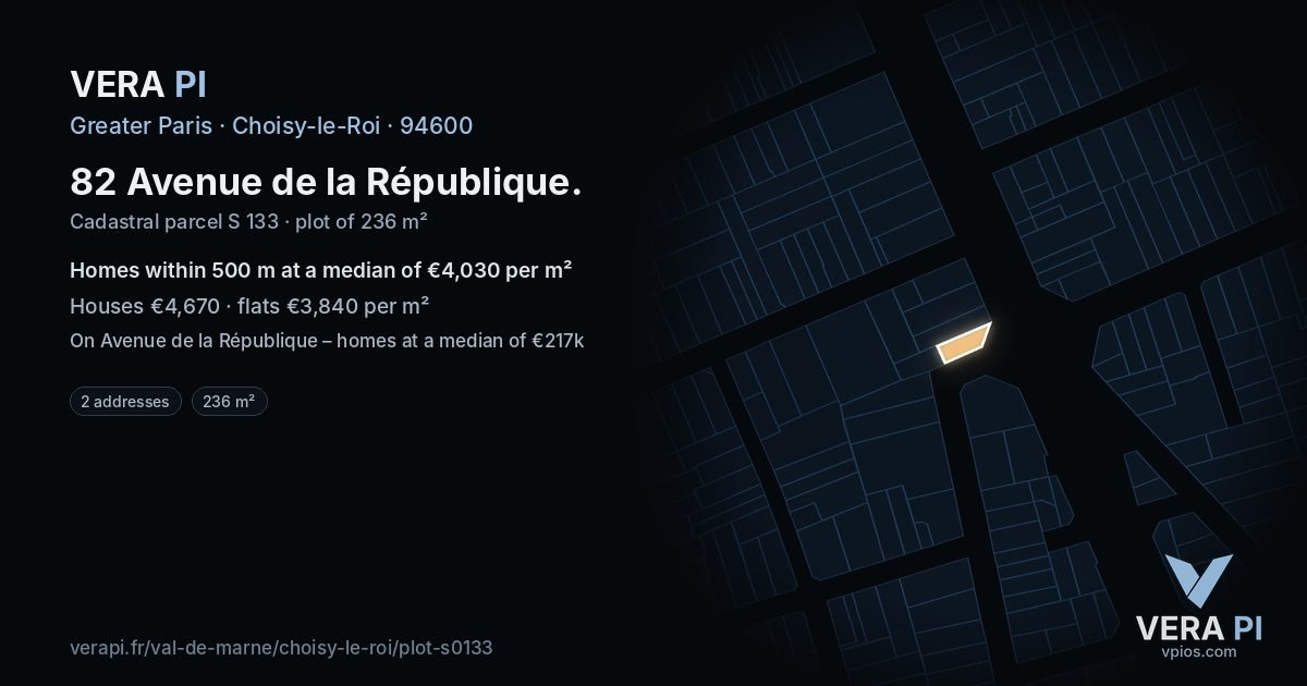 82 Avenue de la République, Choisy-le-Roi at night – the plot lit, the parcels around coloured by the prices near them