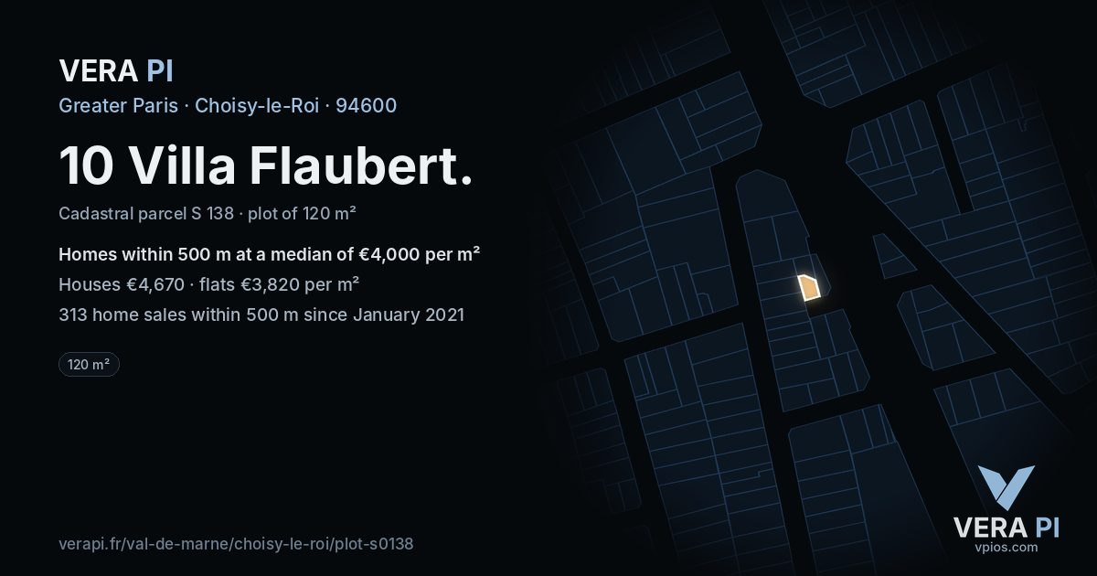 10 Villa Flaubert, Choisy-le-Roi at night – the plot lit, the parcels around coloured by the prices near them