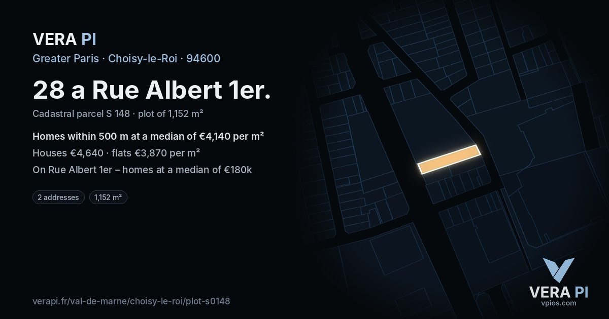 28 a Rue Albert 1er, Choisy-le-Roi at night – the plot lit, the parcels around coloured by the prices near them