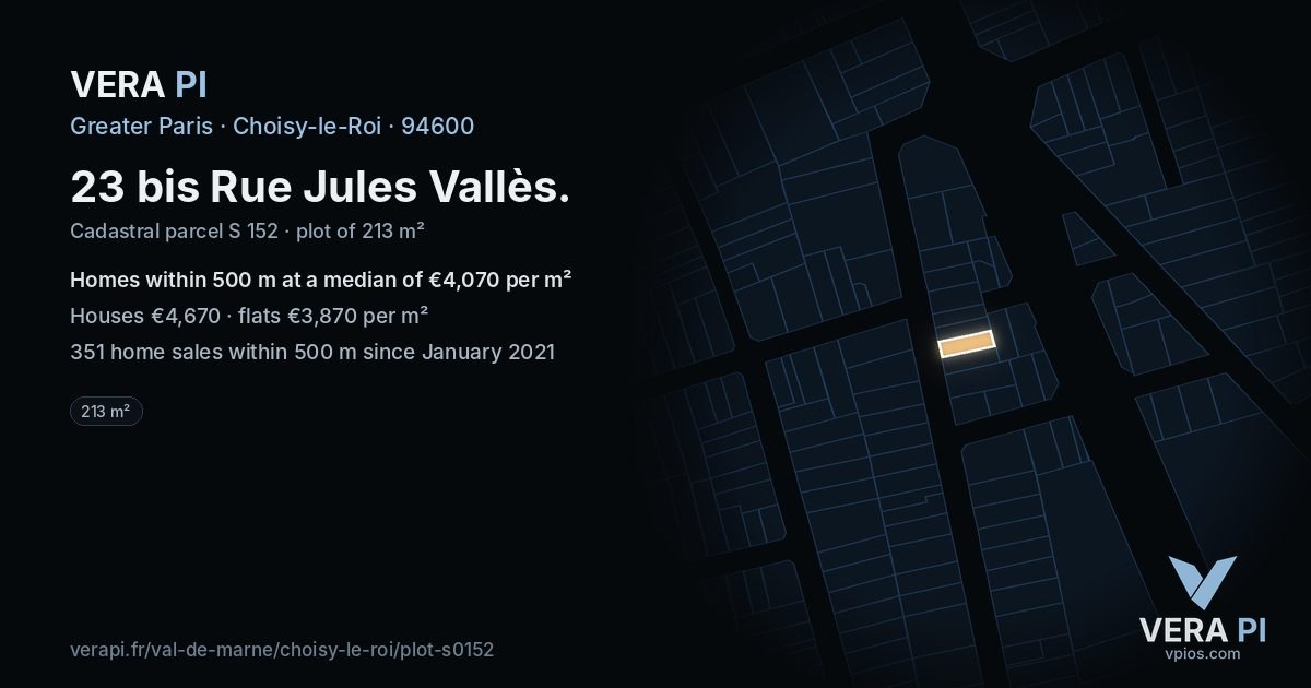 23 bis Rue Jules Vallès, Choisy-le-Roi at night – the plot lit, the parcels around coloured by the prices near them