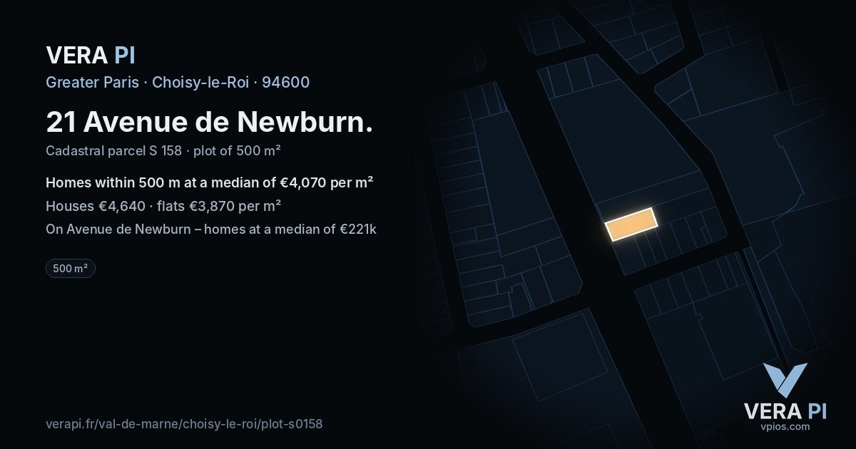 21 Avenue de Newburn, Choisy-le-Roi at night – the plot lit, the parcels around coloured by the prices near them