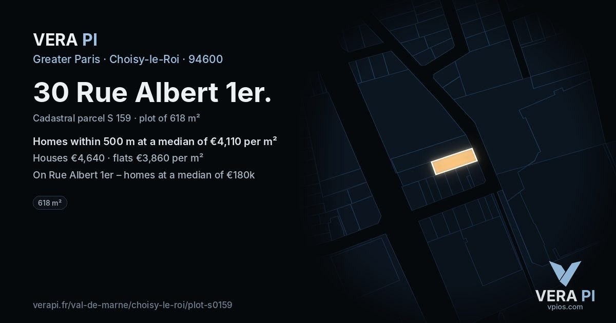 30 Rue Albert 1er, Choisy-le-Roi at night – the plot lit, the parcels around coloured by the prices near them