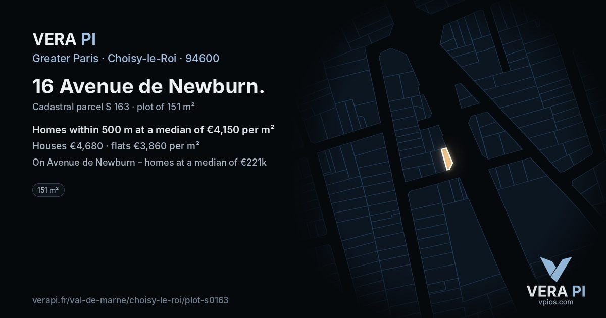 16 Avenue de Newburn, Choisy-le-Roi at night – the plot lit, the parcels around coloured by the prices near them