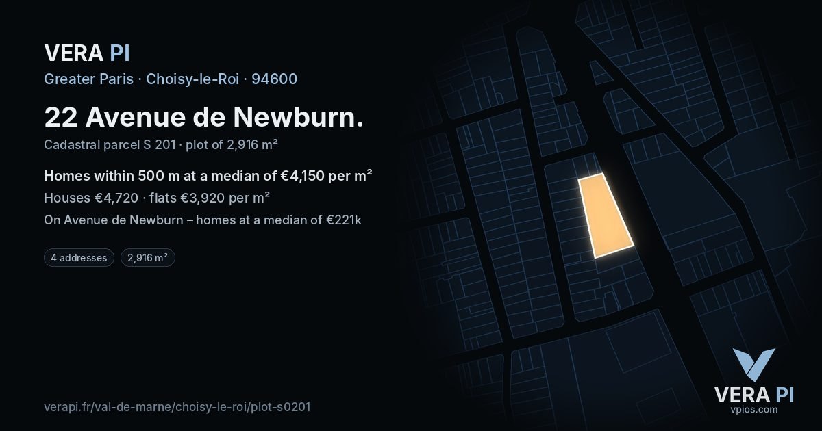 22 Avenue de Newburn, Choisy-le-Roi at night – the plot lit, the parcels around coloured by the prices near them