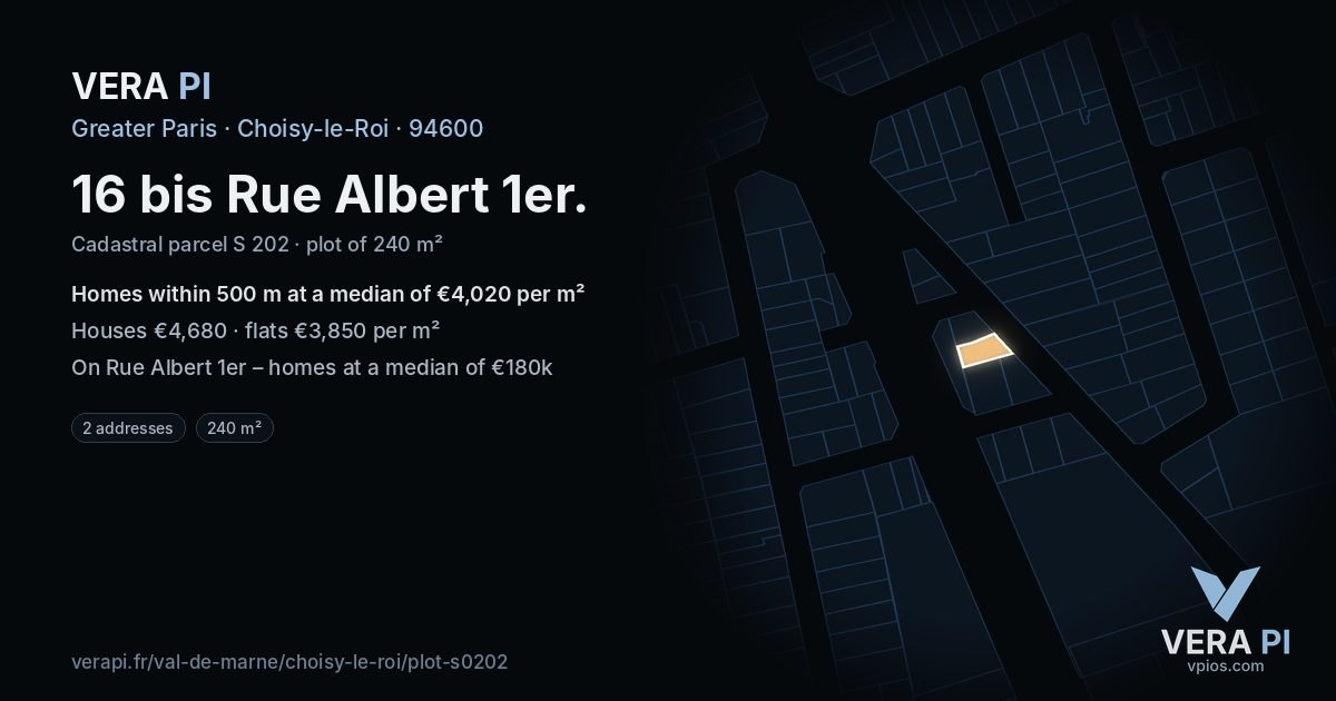 16 bis Rue Albert 1er, Choisy-le-Roi at night – the plot lit, the parcels around coloured by the prices near them