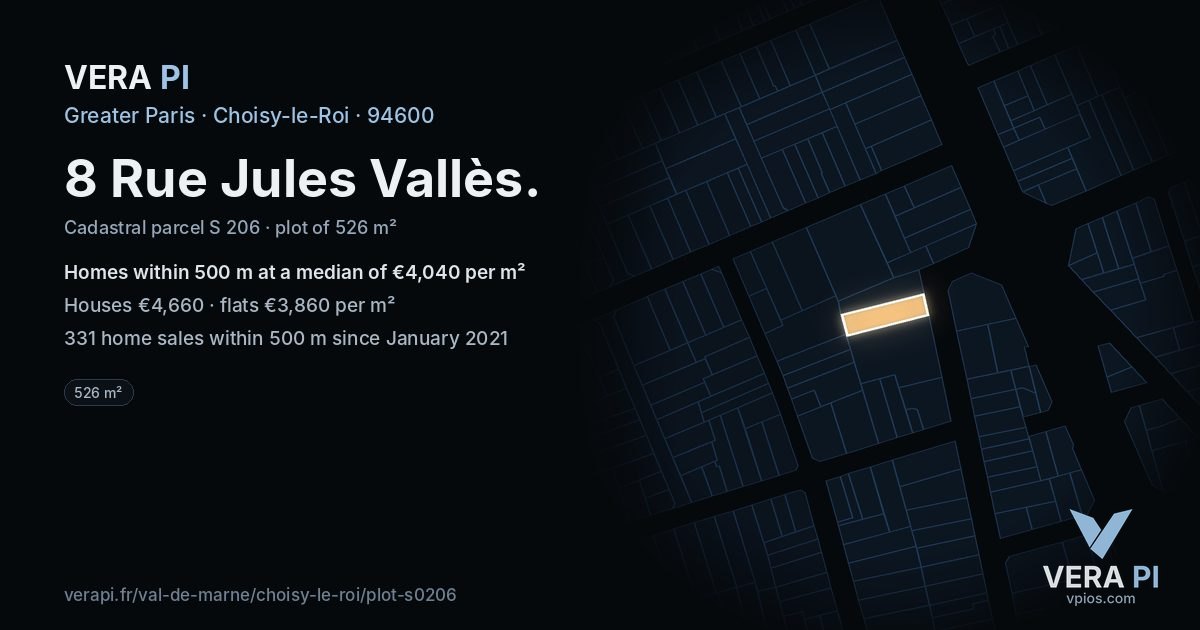 8 Rue Jules Vallès, Choisy-le-Roi at night – the plot lit, the parcels around coloured by the prices near them