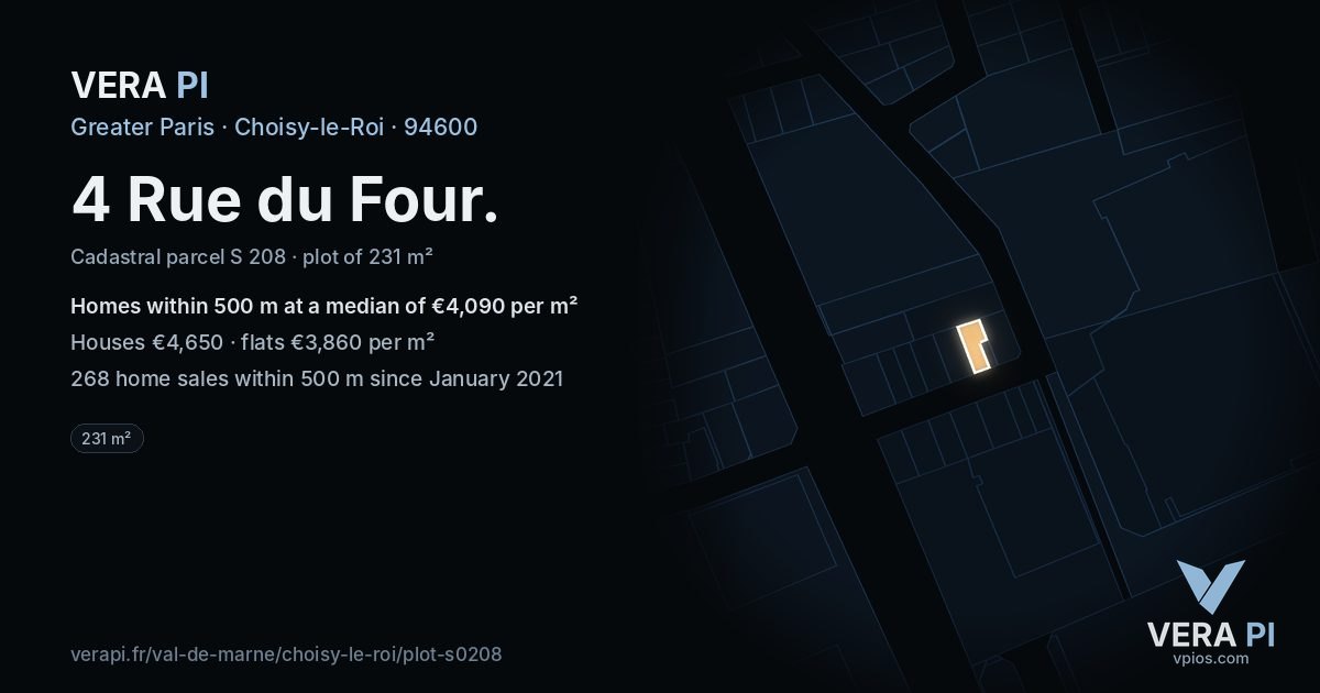 4 Rue du Four, Choisy-le-Roi at night – the plot lit, the parcels around coloured by the prices near them