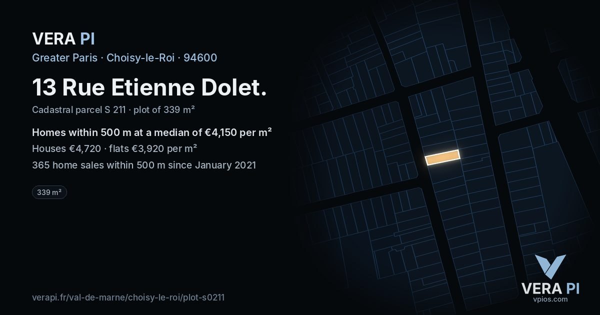 13 Rue Etienne Dolet, Choisy-le-Roi at night – the plot lit, the parcels around coloured by the prices near them
