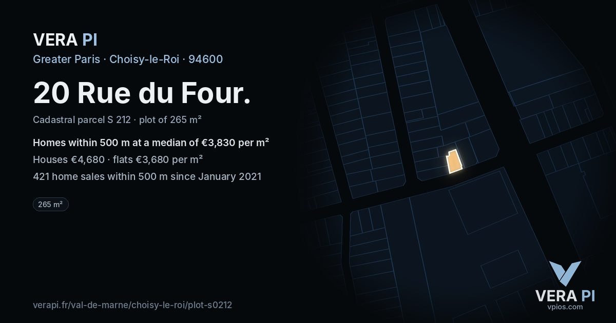20 Rue du Four, Choisy-le-Roi at night – the plot lit, the parcels around coloured by the prices near them