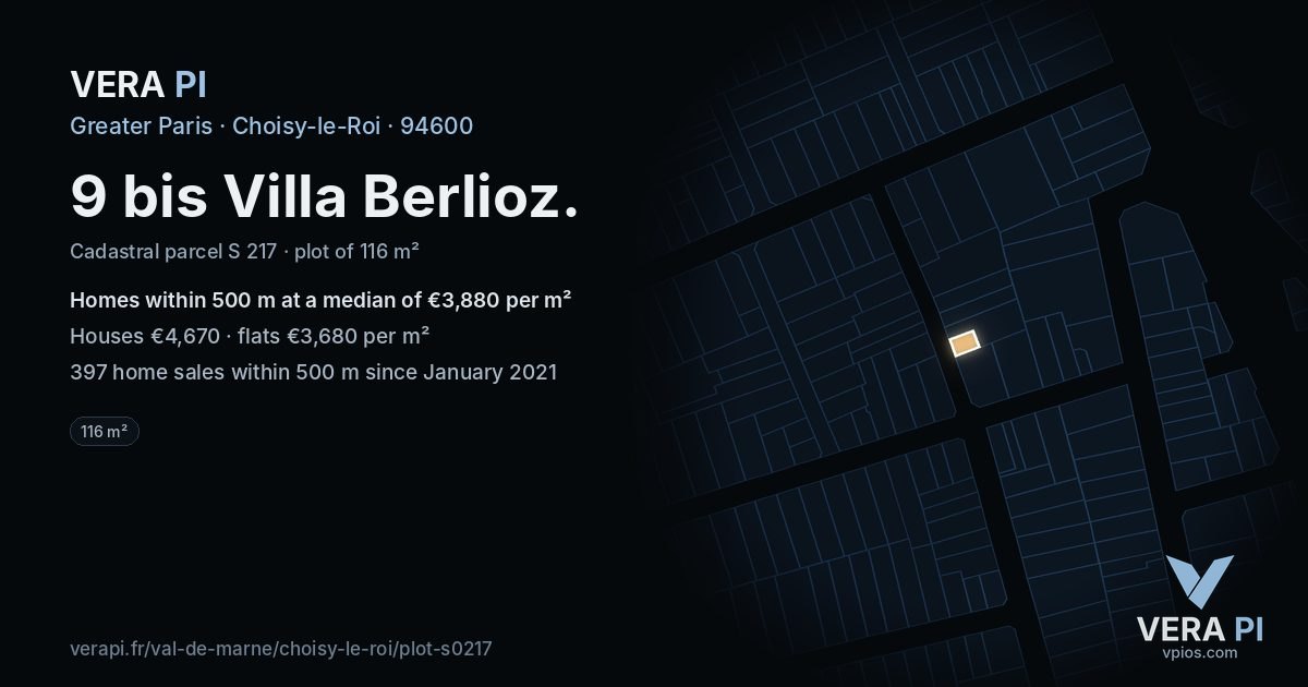 9 bis Villa Berlioz, Choisy-le-Roi at night – the plot lit, the parcels around coloured by the prices near them