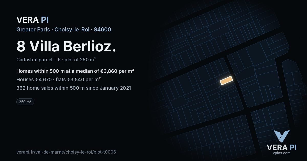 8 Villa Berlioz, Choisy-le-Roi at night – the plot lit, the parcels around coloured by the prices near them