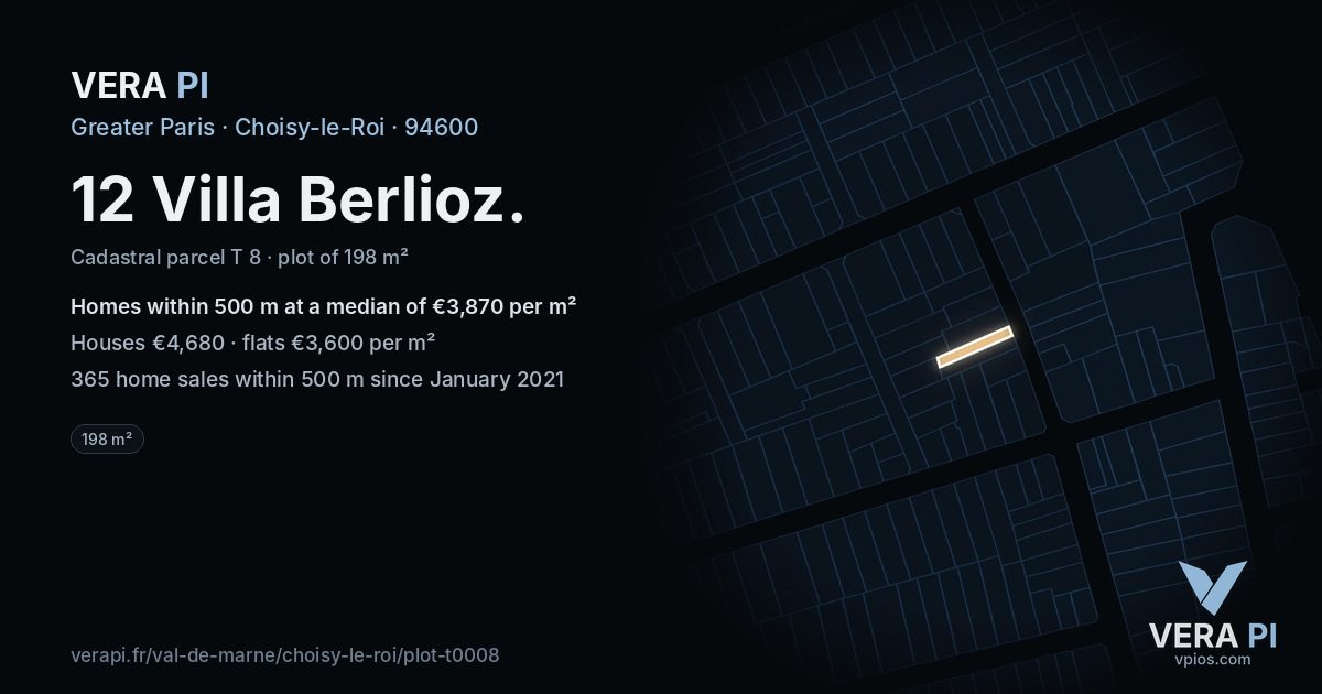 12 Villa Berlioz, Choisy-le-Roi at night – the plot lit, the parcels around coloured by the prices near them
