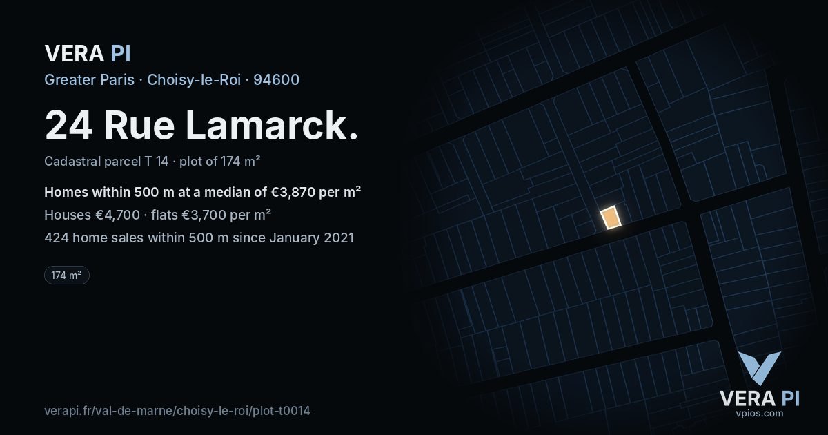 24 Rue Lamarck, Choisy-le-Roi at night – the plot lit, the parcels around coloured by the prices near them