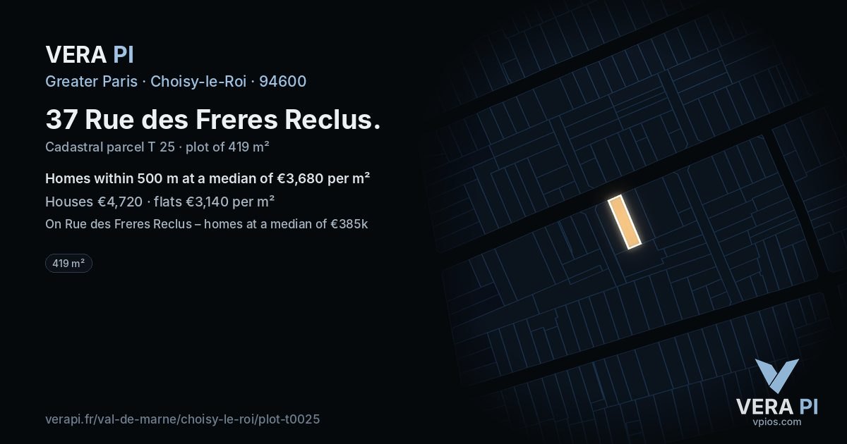 37 Rue des Freres Reclus, Choisy-le-Roi at night – the plot lit, the parcels around coloured by the prices near them
