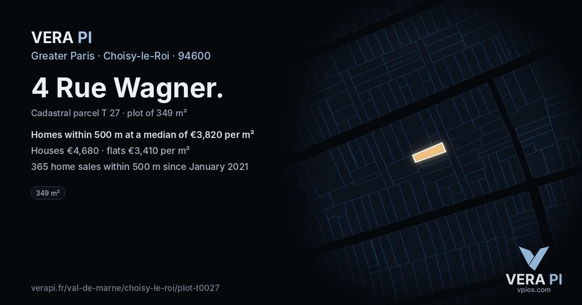 4 Rue Wagner, Choisy-le-Roi at night – the plot lit, the parcels around coloured by the prices near them
