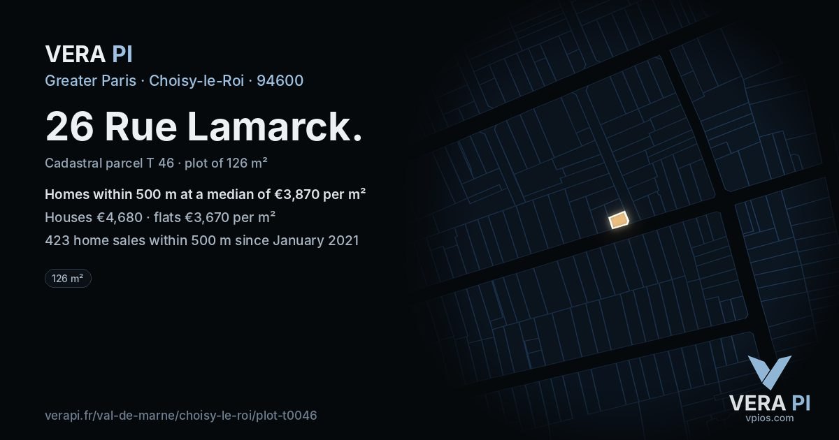 26 Rue Lamarck, Choisy-le-Roi at night – the plot lit, the parcels around coloured by the prices near them