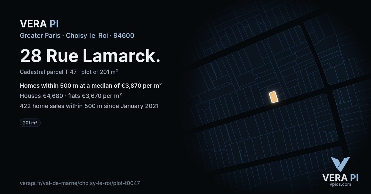 28 Rue Lamarck, Choisy-le-Roi at night – the plot lit, the parcels around coloured by the prices near them