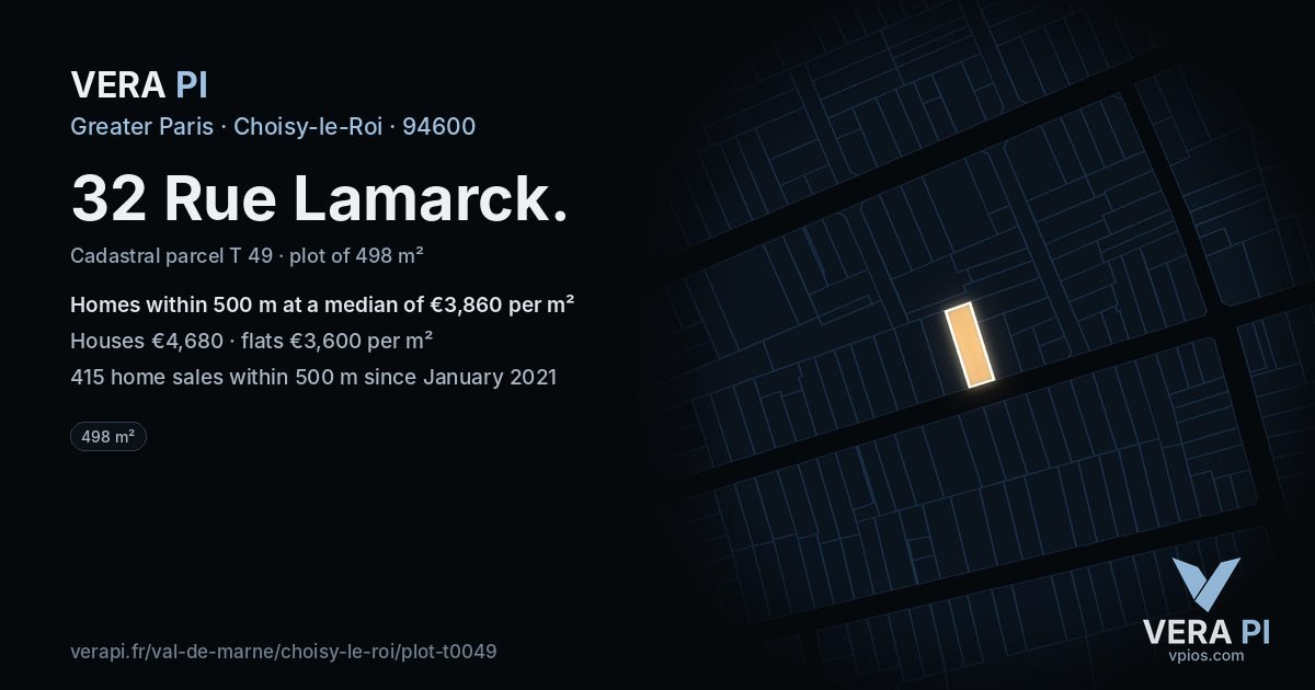 32 Rue Lamarck, Choisy-le-Roi at night – the plot lit, the parcels around coloured by the prices near them