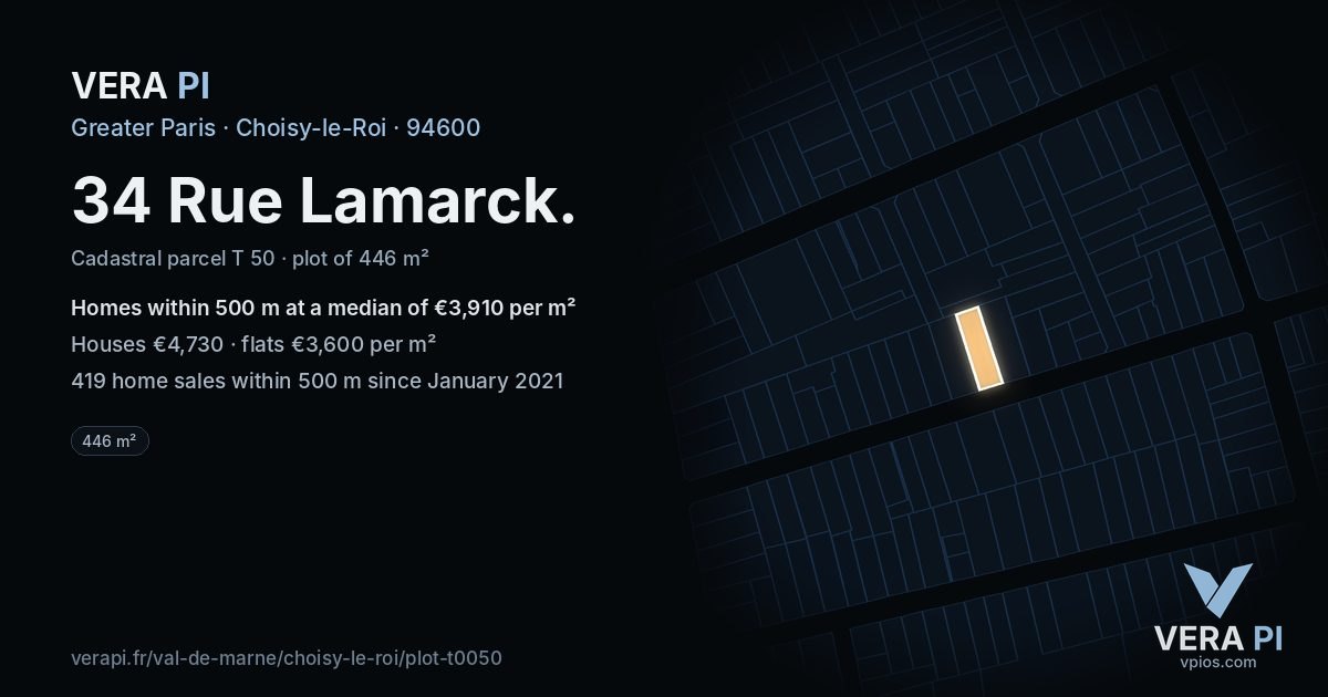 34 Rue Lamarck, Choisy-le-Roi at night – the plot lit, the parcels around coloured by the prices near them