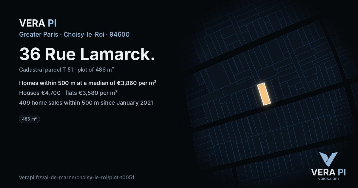 36 Rue Lamarck, Choisy-le-Roi at night – the plot lit, the parcels around coloured by the prices near them