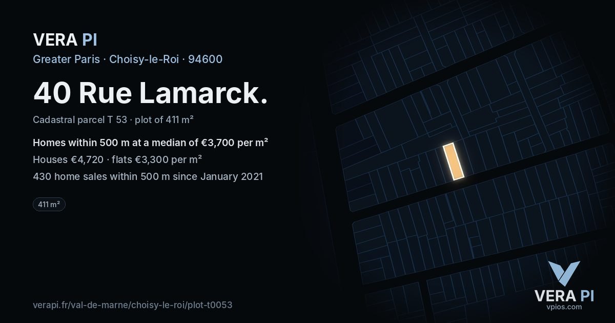 40 Rue Lamarck, Choisy-le-Roi at night – the plot lit, the parcels around coloured by the prices near them