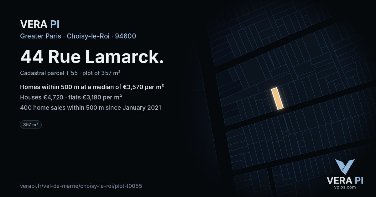 44 Rue Lamarck, Choisy-le-Roi at night – the plot lit, the parcels around coloured by the prices near them