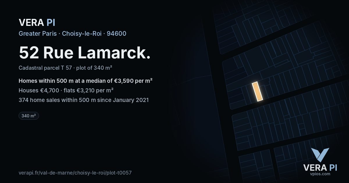 52 Rue Lamarck, Choisy-le-Roi at night – the plot lit, the parcels around coloured by the prices near them