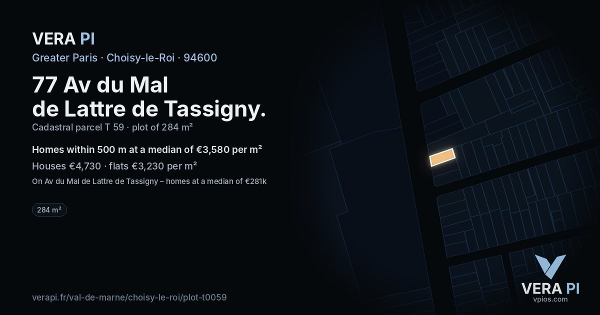 77 Av du Mal de Lattre de Tassigny, Choisy-le-Roi at night – the plot lit, the parcels around coloured by the prices near them
