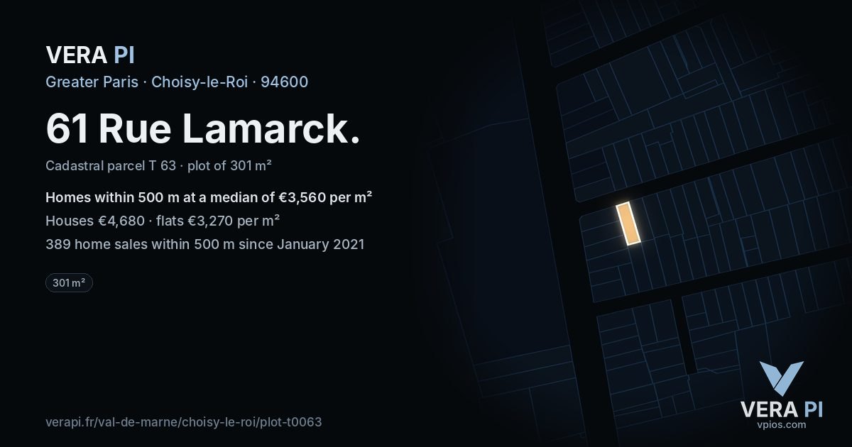 61 Rue Lamarck, Choisy-le-Roi at night – the plot lit, the parcels around coloured by the prices near them