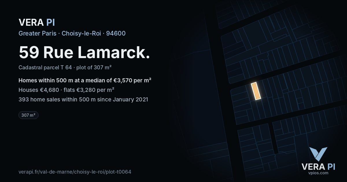 59 Rue Lamarck, Choisy-le-Roi at night – the plot lit, the parcels around coloured by the prices near them