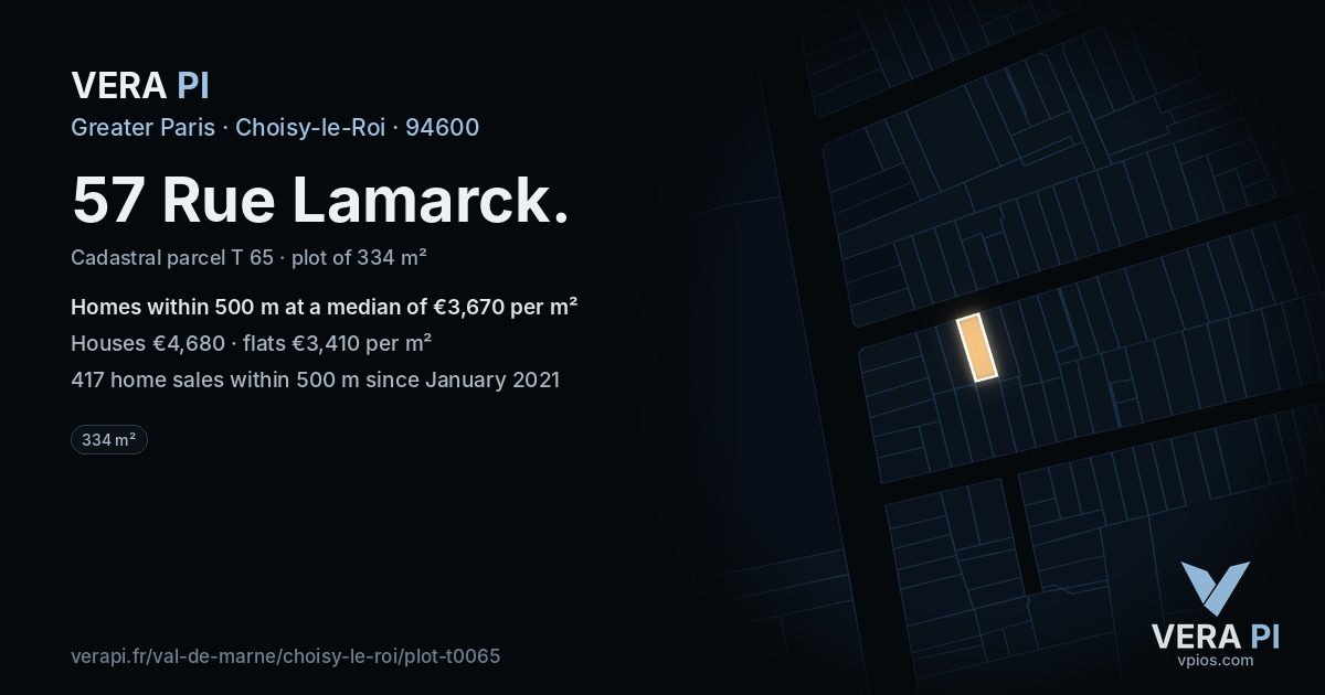 57 Rue Lamarck, Choisy-le-Roi at night – the plot lit, the parcels around coloured by the prices near them