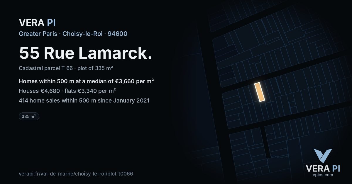 55 Rue Lamarck, Choisy-le-Roi at night – the plot lit, the parcels around coloured by the prices near them