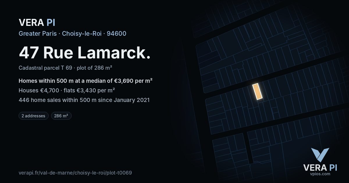 47 Rue Lamarck, Choisy-le-Roi at night – the plot lit, the parcels around coloured by the prices near them