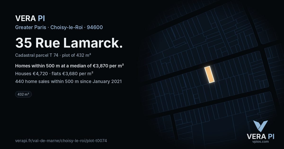 35 Rue Lamarck, Choisy-le-Roi at night – the plot lit, the parcels around coloured by the prices near them