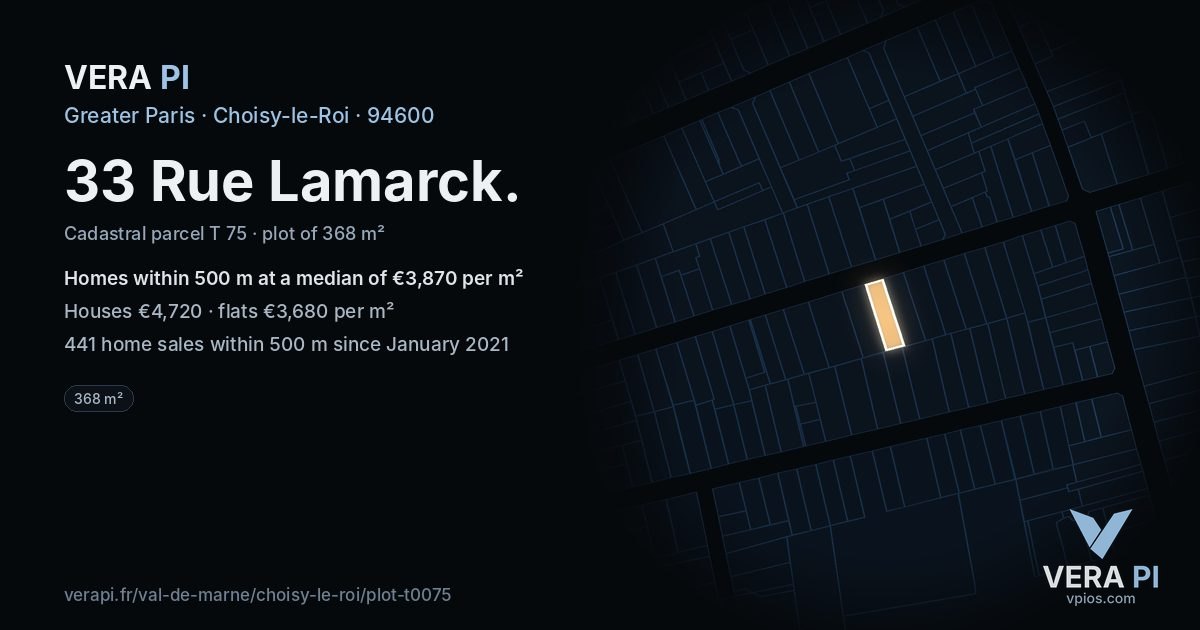 33 Rue Lamarck, Choisy-le-Roi at night – the plot lit, the parcels around coloured by the prices near them