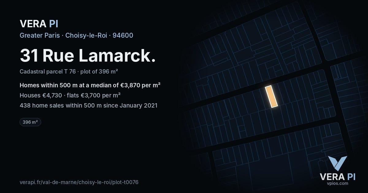 31 Rue Lamarck, Choisy-le-Roi at night – the plot lit, the parcels around coloured by the prices near them