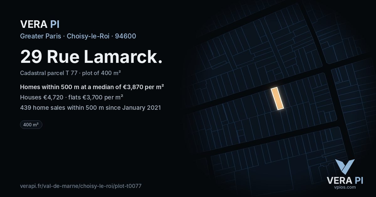29 Rue Lamarck, Choisy-le-Roi at night – the plot lit, the parcels around coloured by the prices near them