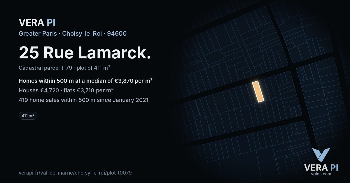 25 Rue Lamarck, Choisy-le-Roi at night – the plot lit, the parcels around coloured by the prices near them