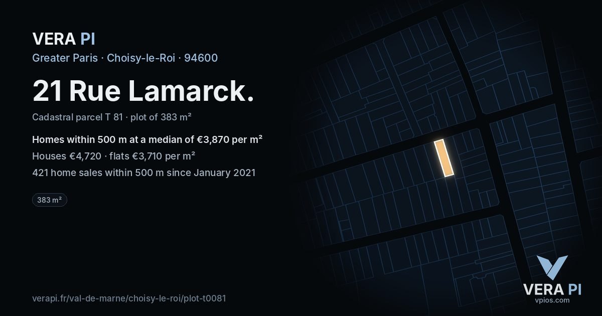 21 Rue Lamarck, Choisy-le-Roi at night – the plot lit, the parcels around coloured by the prices near them